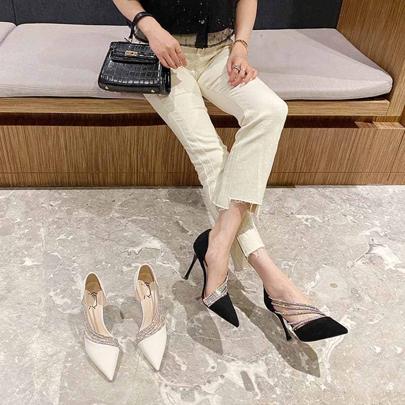2023 Summer New Korean Fashion Rhinestone Hollow Thin Heel Pointed Toe Slip-On High Heel Sandals for Women