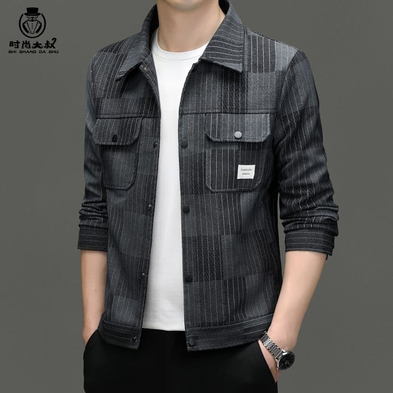 Spring Autumn Men's Casual Fashion Leather Jacket with Stand-up Collar and Stripe Pattern, New Hot Sale of the Season Style, Chinese Brand