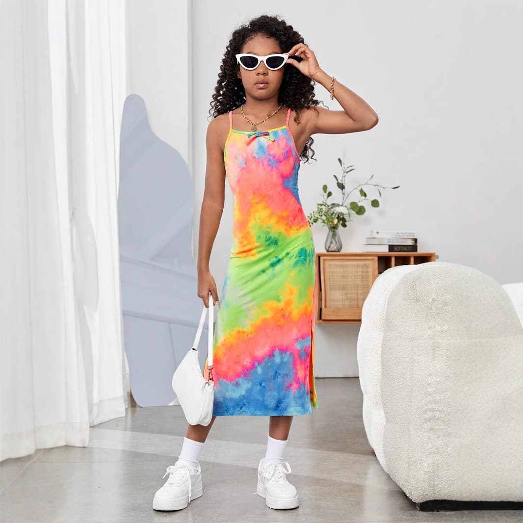 Children's Fashion Young Girls' Colorful Lace-Up Side Seam Cami Dress