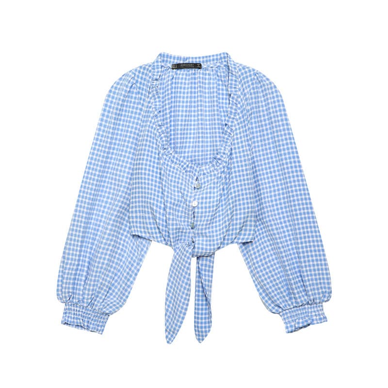 2026 Spring New Trendy Chic Blue Plaid Cropped Top 4387057