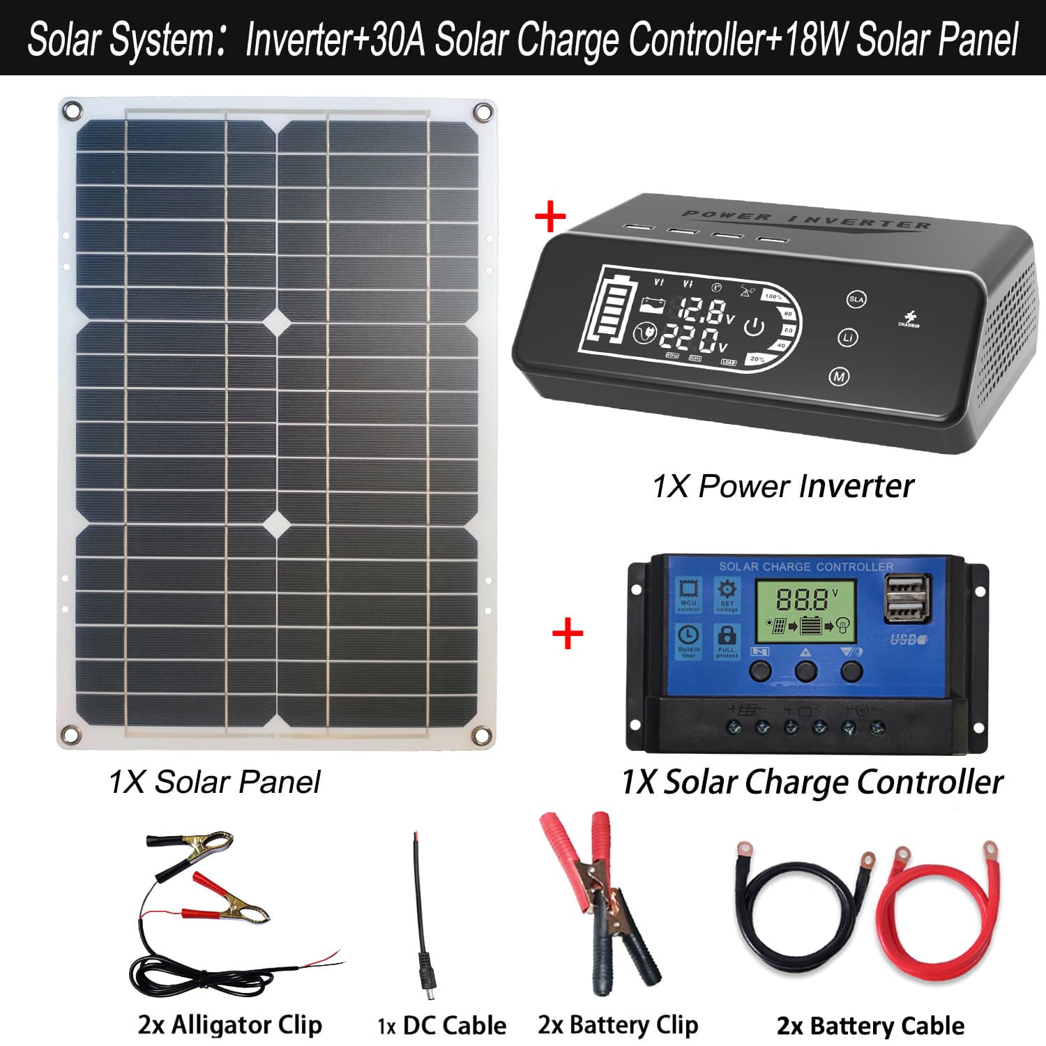 1000W Pure Sine Wave Inverter Solar Kit 18W Solar Panel 30A Controller Solar System
