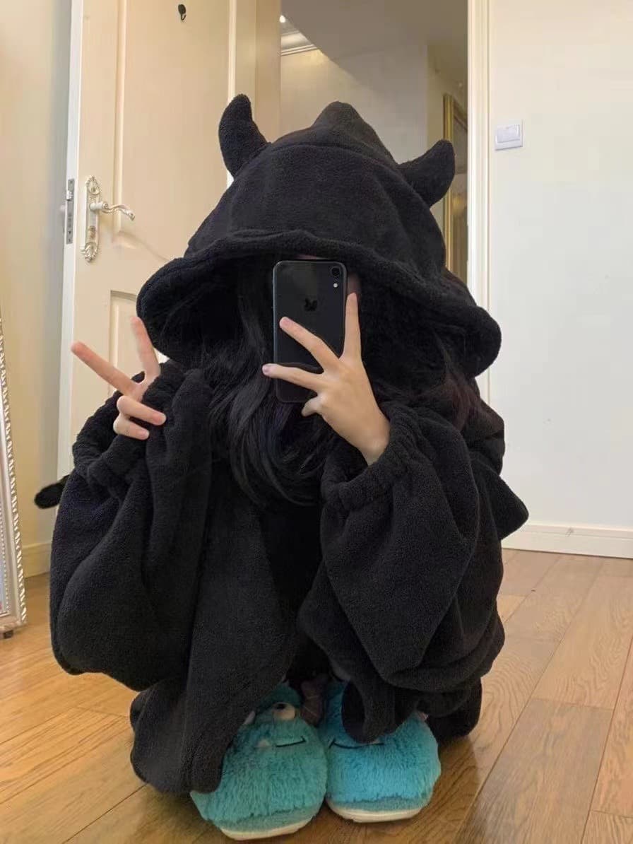 Cute Monster Long Bathrobe for Women, Winter Long Thickened Coral Fleece One-Piece Pajamas with Hood Homewear