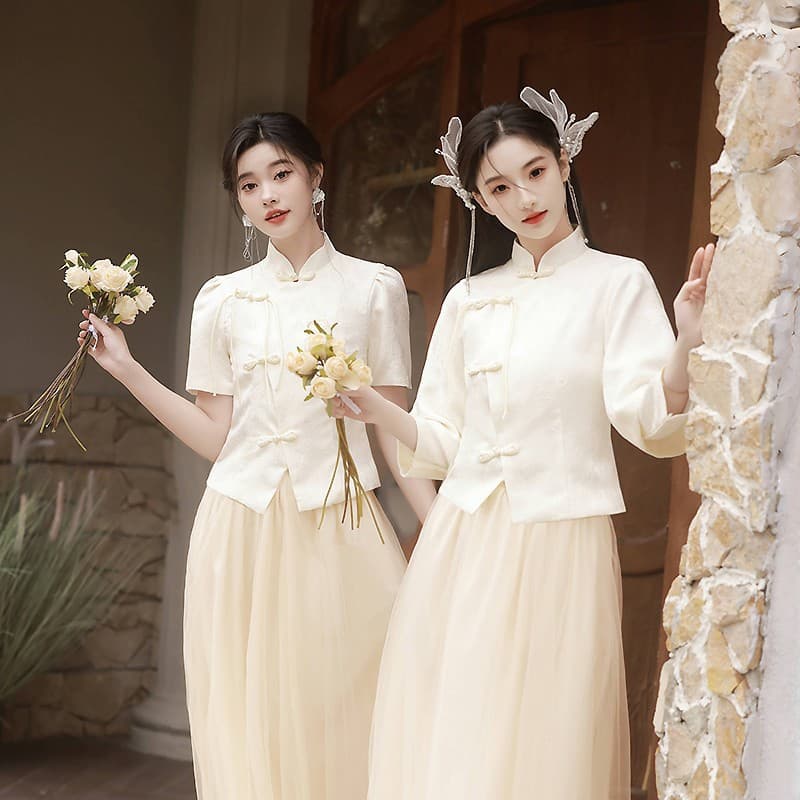 Champagne Bridesmaid Dress New Chinese Style Women 2026 New Retro Sisterhood Gown Performance Dress Daily Wear Autumn Winter