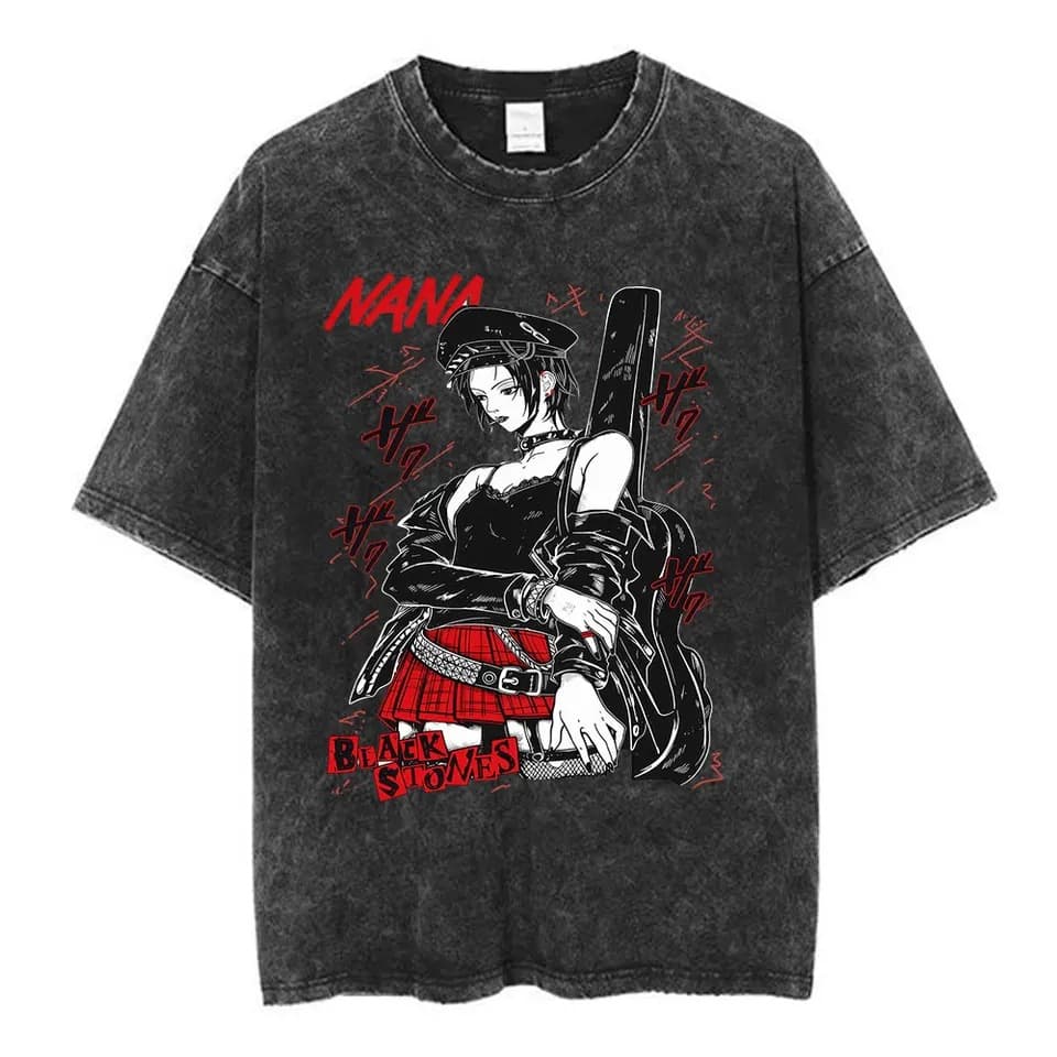 Nana Harajuku T-Shirt Stone Unisex Short Sleeve Japanese Washed T-Shirt Osaka Vintage Anime Cotton Casual Black Size