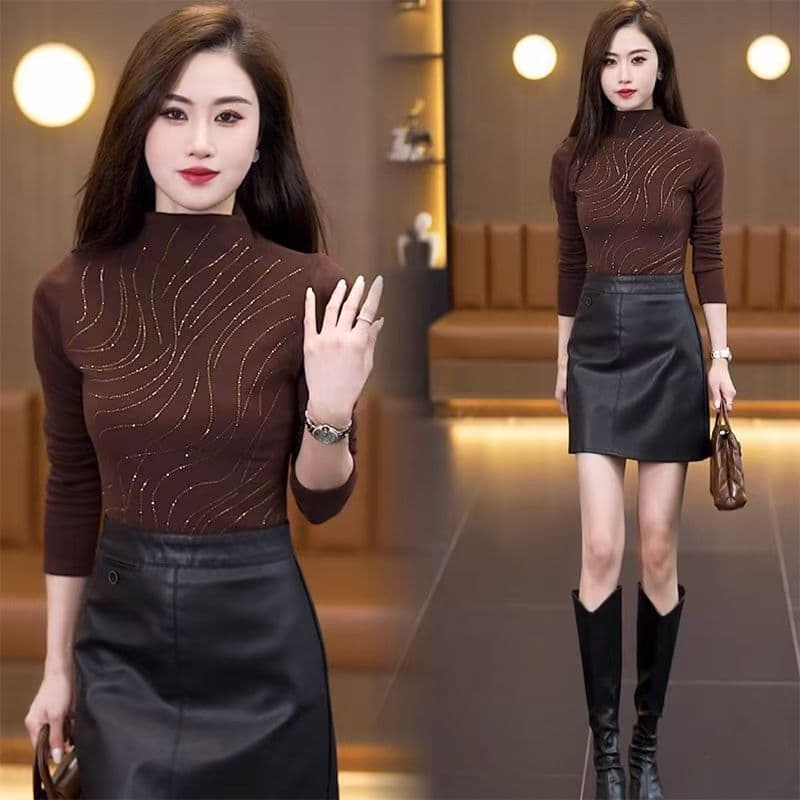 #9129 Semi-Turtleneck Rhinestone Thin Fleece Loose Long-Sleeve Top for Middle-Aged and Elderly Mothers, Autumn/Winter New