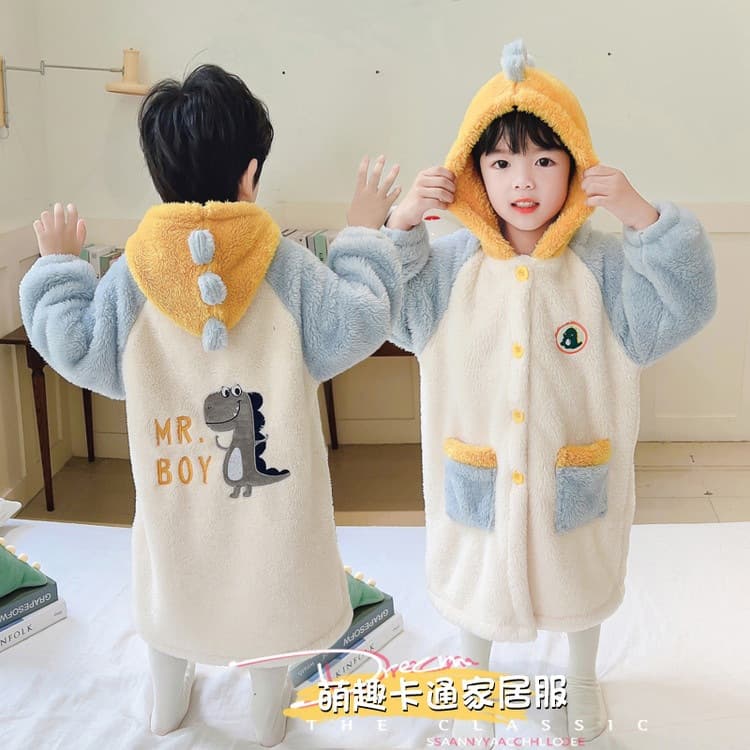 Boys' Flannel Bathrobe Towel Autumn Winter Hooded Nightgown Bathrobe Kids Coral Fleece Cartoon Baby Loungewear