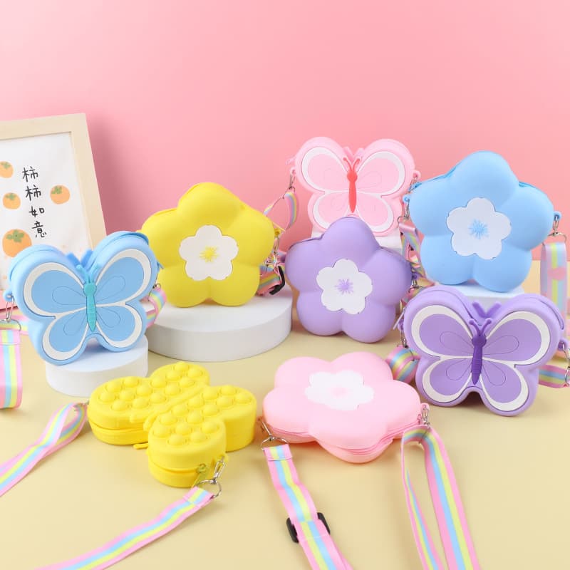 Silicone Bag for Kids Stress Relief Handbag Flower Butterfly Coin Purse Versatile Women Crossbody Cartoon Small Bag