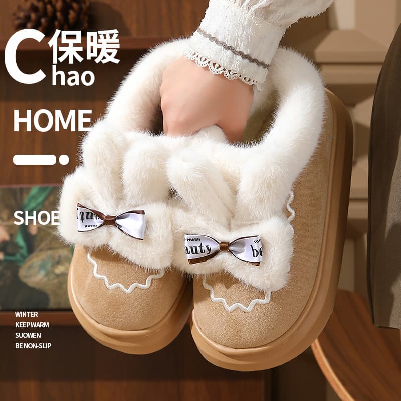 Women's Cotton Slippers with Heel, Thick Sole, Cute Bow Indoor Slippers, Winter Fleece-Lined Warm High-Top Cotton Shoes for Outdoor Wear