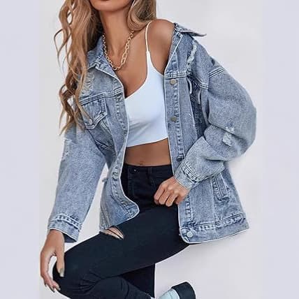 Cross-border TEMU Amazon Women's New Oversized Denim Jacket Boyfriend Ripped Distressed Denim Jacket Coat