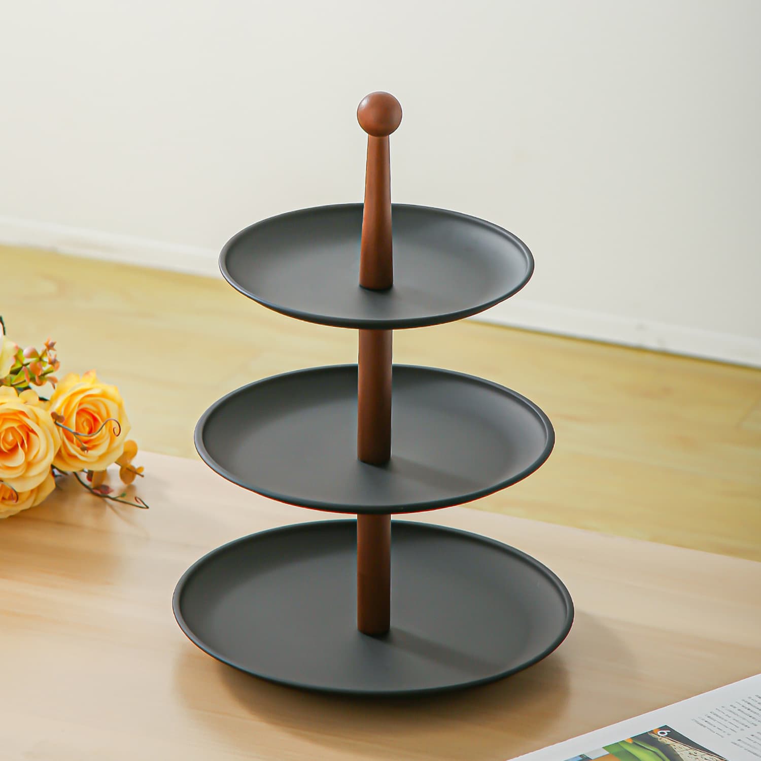Walnut Wood Multi-Layer Fruit Tray Stainless Steel Snack Plate Coffee Table Cake Candy Dried Fruit Plate Premium Look