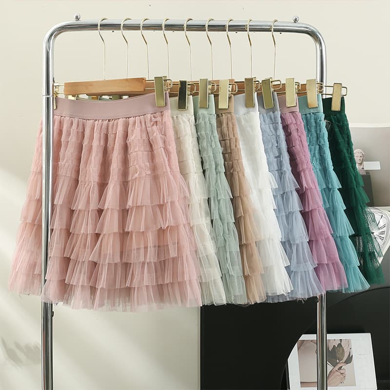 Women's High Waist Layered Tulle Skirt Elastic Waist Slimming Cake Style Short A- Line Skirt Summer New Arrival Polyester Fiber
