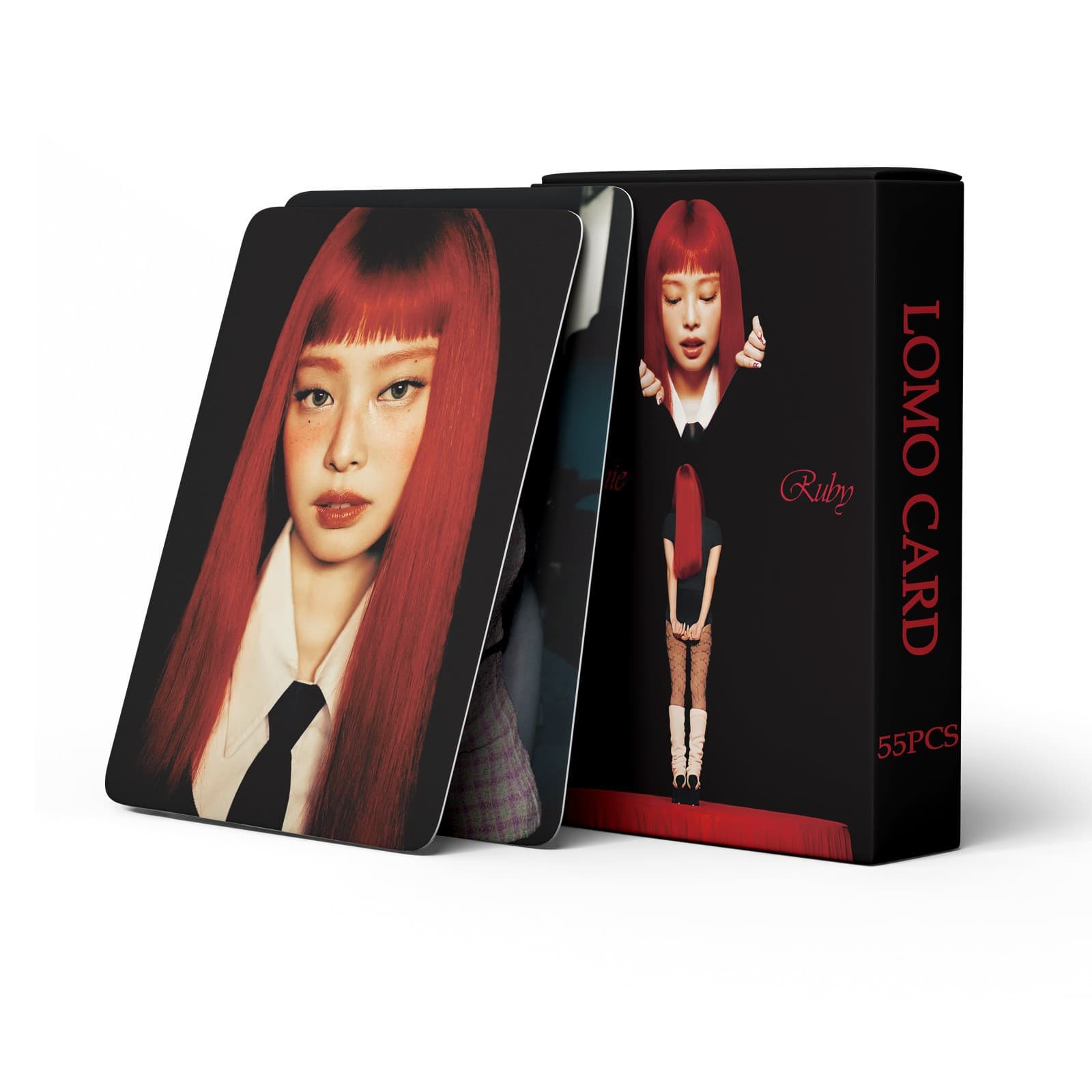 Large stock of 55 BLACKPINK JENNIE RUBY photocards, featuring JENNIE as a K-pop star and LOMO card.