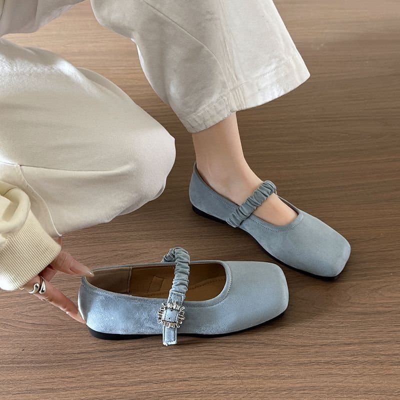 Mary Jane Square Toe Chanel-style Shallow Mouth Flat Shoes for Dresses, Spring New Velvet Granny Shoes with Buckle Trend