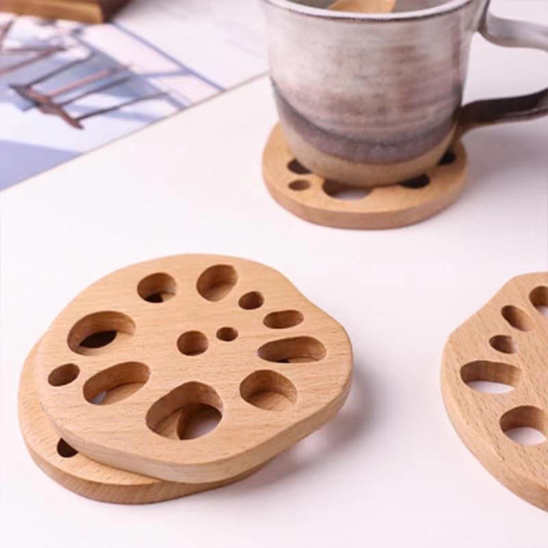 Beech Lotus Root Coaster, Creative Solid Wood Tea Cup Holder, Heat-Resistant Desktop Mat