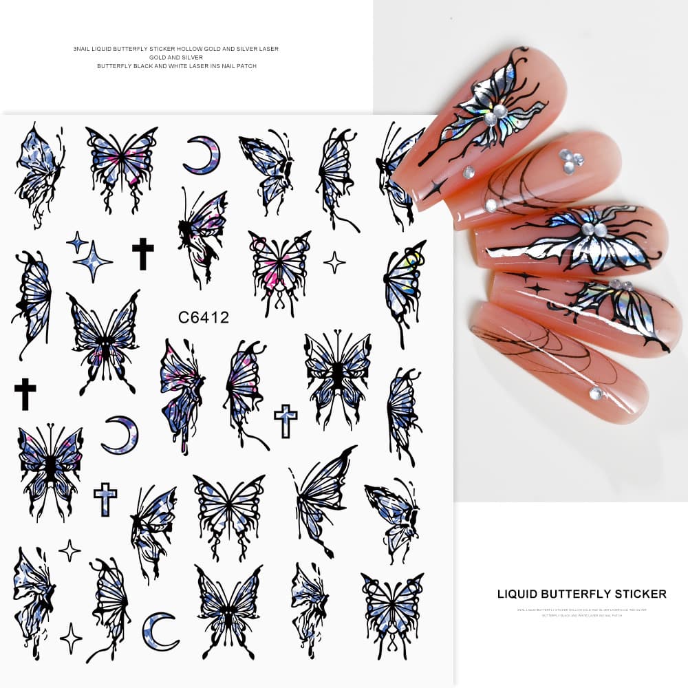 New Flash Black Butterfly Nail Stickers, Holographic Laser Self-Adhesive Butterfly Nail Art Stickers for Girls