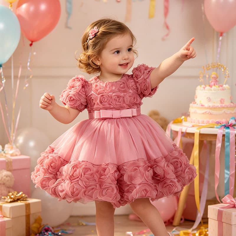 Baby Girl Rose Princess Dress for Birthday Party, First Birthday Gown