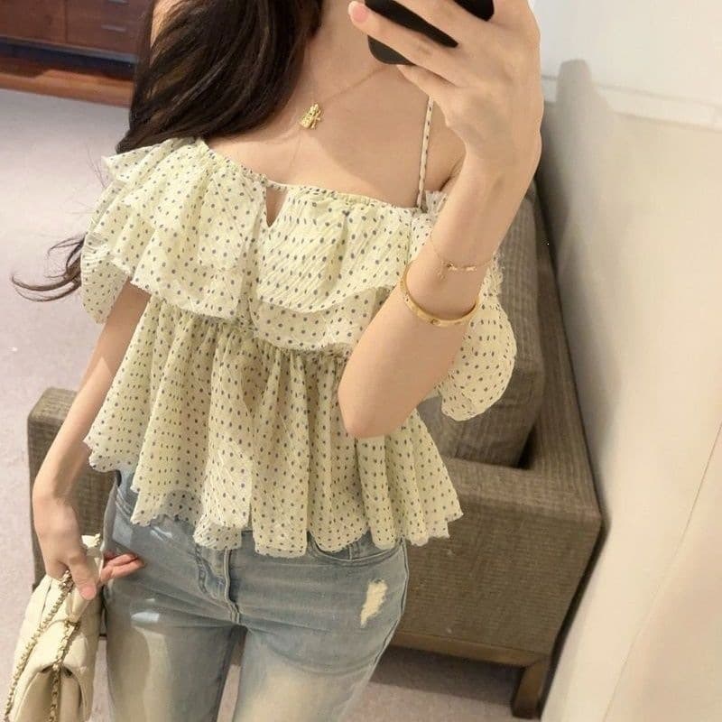 2026 New Design Vacation Ruffled Short Chiffon Top with Polka Dot One-Shoulder Off-Shoulder Style for Women