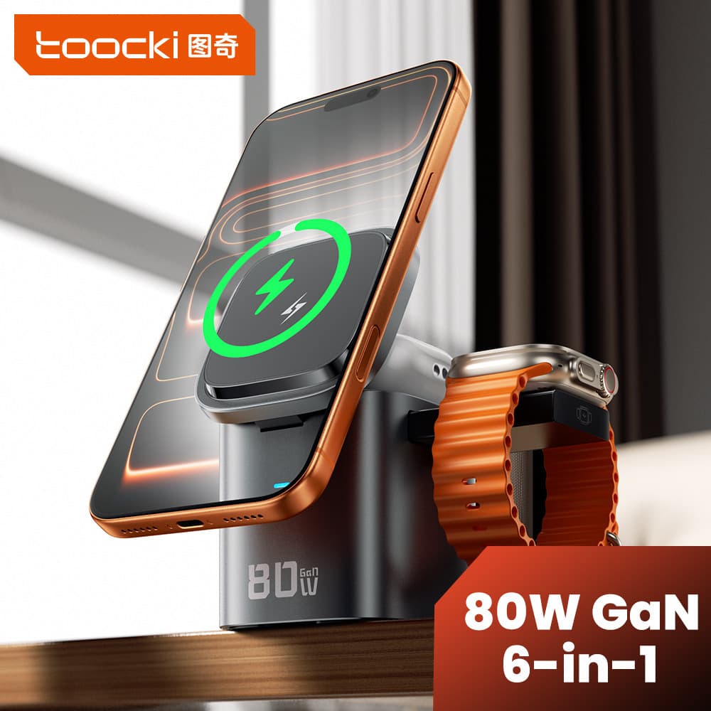 Toocki 6-in-1 80W Phone Charger PD65W Travel Charger 15W Wireless Charger Compatible with Apple Samsung