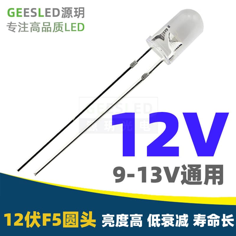 12 volt led lamp bead f5 round head 5mm white light red blue light green light yellow light light emitting diode 12V super bright