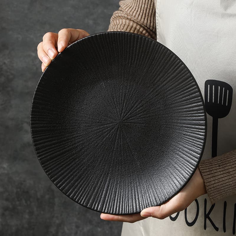 Japanese Retro Tableware Plate Dinner Plate Household Dish Plate Ceramic High-End Steak Plate Creative Western Food Flat Plate Black