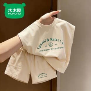 Summer Cotton Boys Girls Korean Letter Boys Girls Loose Short Sleeve Shorts Casual Two Piece Set