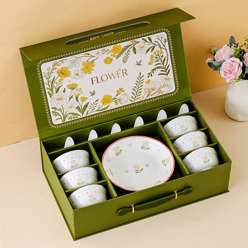 Pastoral style tulip tableware set gift box ceramic rice bowl plate souvenir practical gift for employee benefits