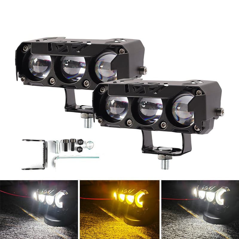 New Motorcycle Three-Eye Spot Light Yellow White High/Low Beam External Work Light Electric Vehicle High Brightness Auxiliary Headlight