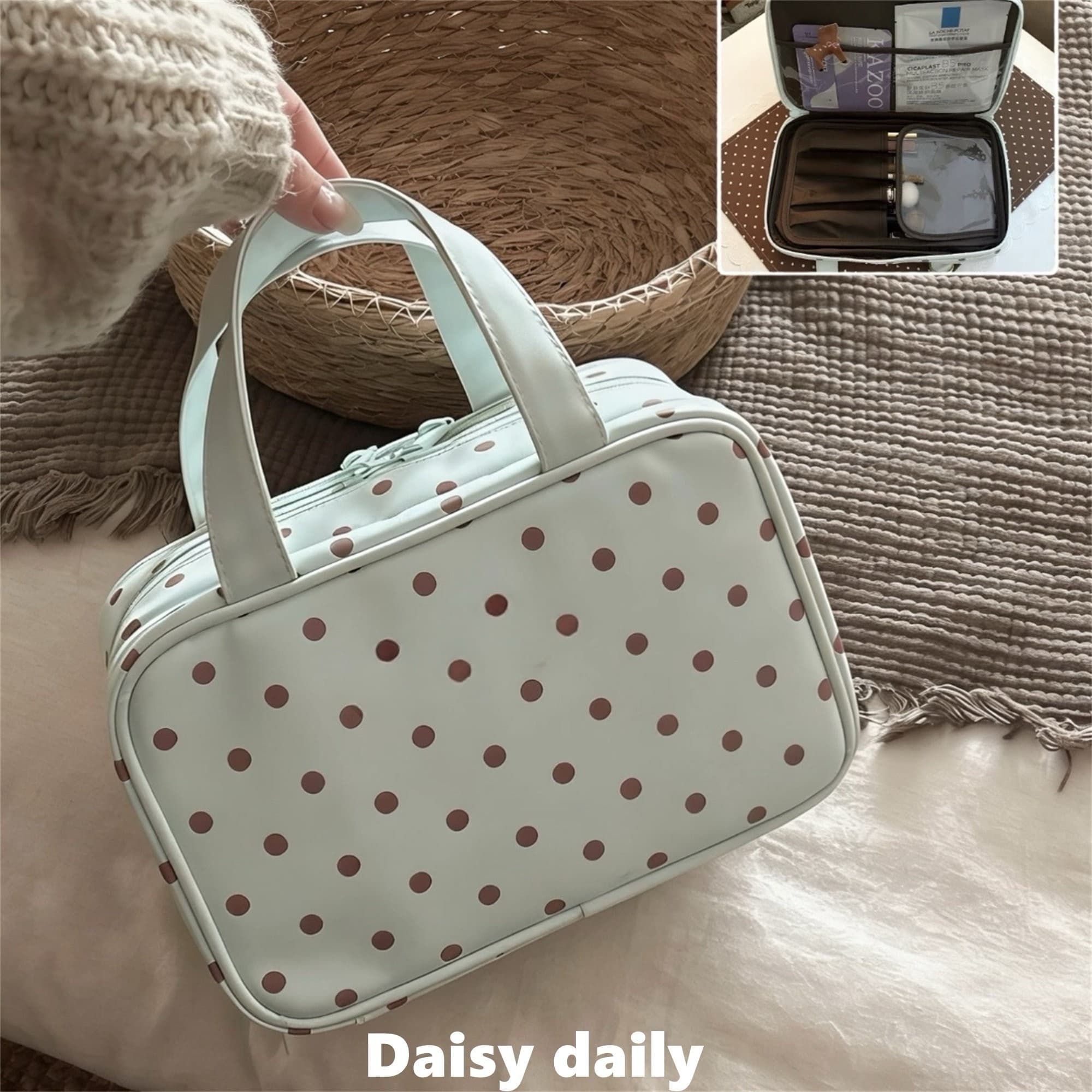 Polka dot cosmetic bag mint green large capacity three-layer partition portable travel cosmetic bag waterproof skin care product storage bag