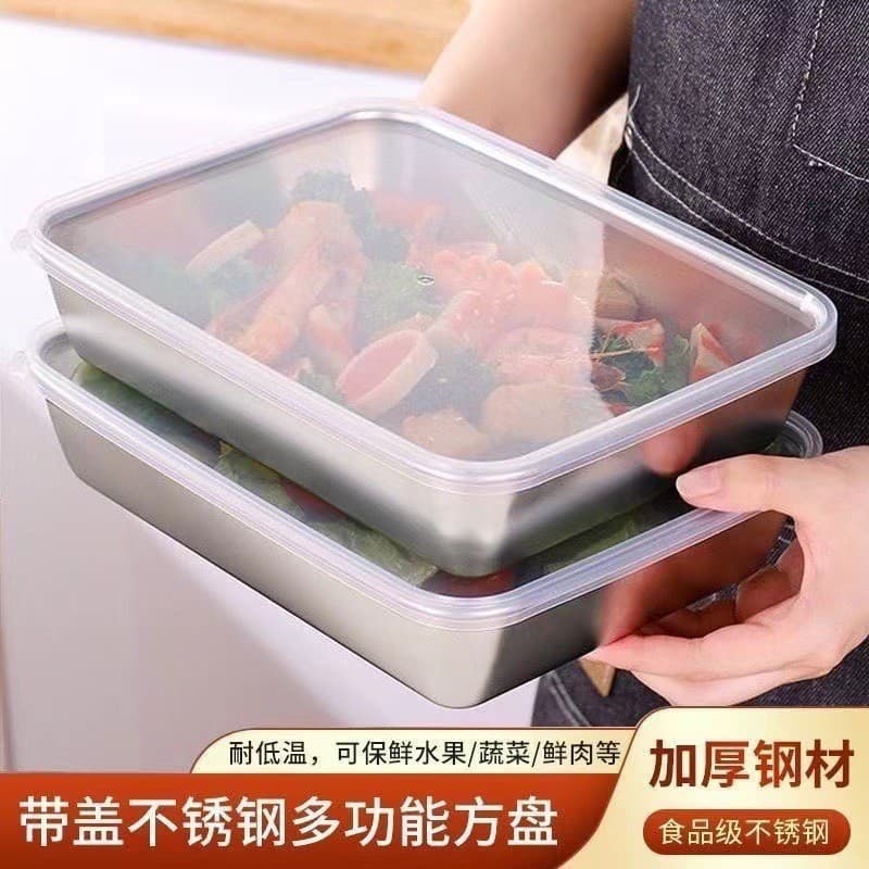Food-Grade Stainless Steel Towel Tray, Multi-Use Fresh-Keeping Container with Lid, Refrigerator Freezer Rectangular Storage Box, Kitchen Hot-Seller