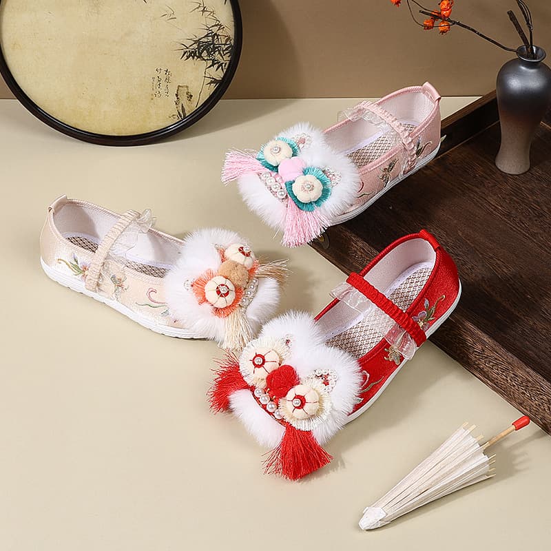 Tiger Head Shoes for Girls, Hanfu Shoes, Children's Tiger Head Shoes, Ancient Style Shoes, Baby Traditional Winter Cotton Shoes, Spring Single Shoes