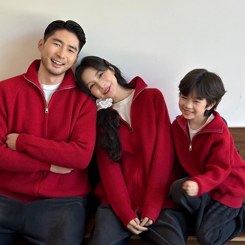 Family Matching New Year Outfit, 2026 Trendy High-Neck Zipper Cardigan Red Sweater for 3-4 People