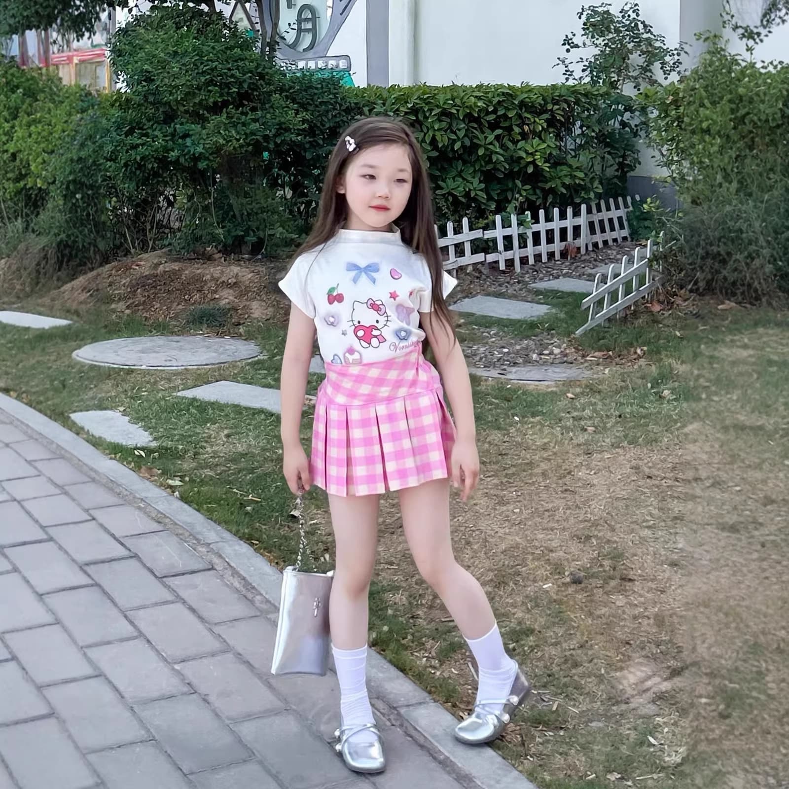 Girls summer sweet and cute cartoon short-sleeved T-shirt top pink plaid pleated skirt sweet and girly style
