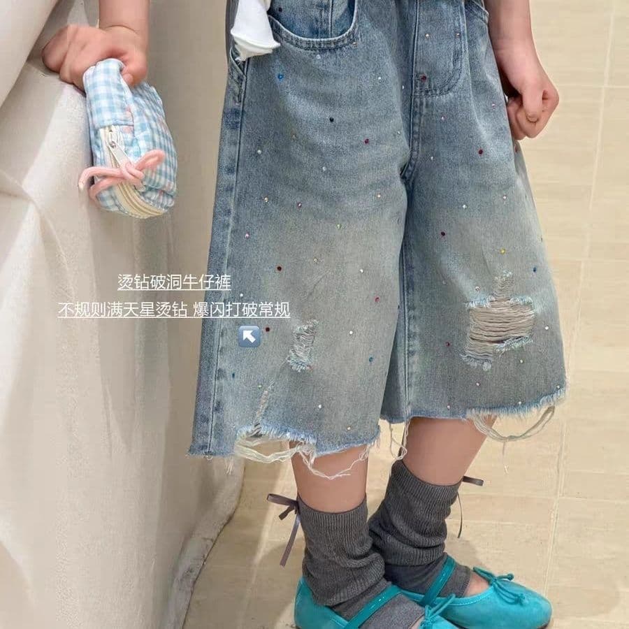 Sparkly Rhinestone Jeans Girls Big Kid Fashion Rhinestone Ripped Denim Bermuda Shorts Kids Trendy Straight-Leg Pants
