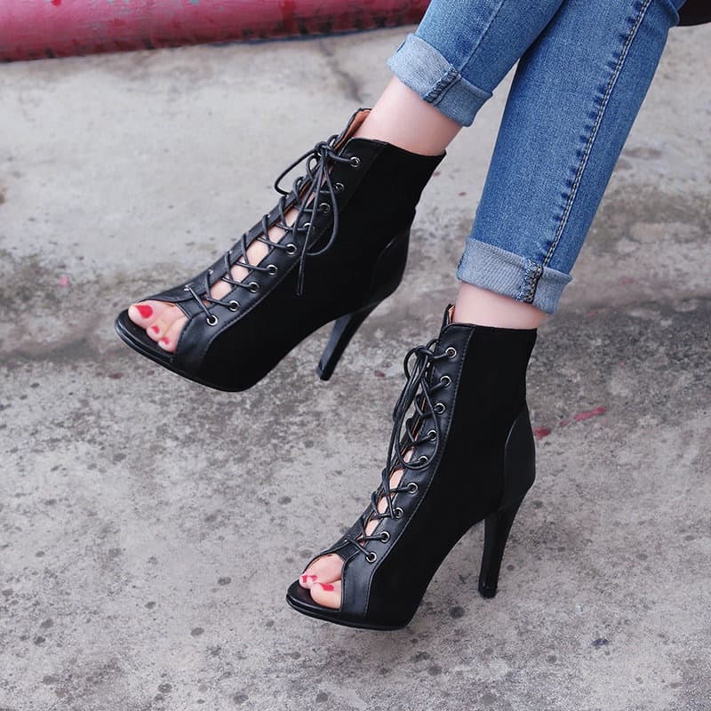 Women's Summer Lace-Up Open-Toe Sandal Boots, Fashion High Heel Sandals, Peep-Toe Elegant Single Shoes, Roman Ultra-High Heel