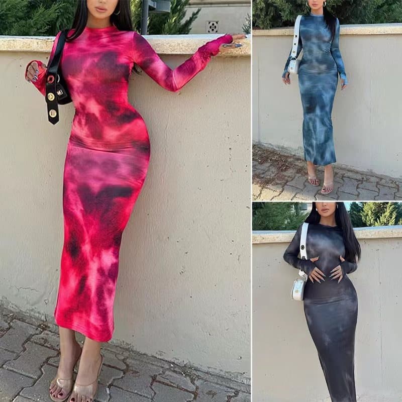 2024 Amazon European and American Women's Fashion 2023 Autumn/Winter New Tie-Dye Long Sleeve Slim Fit Party Dress Wholesale