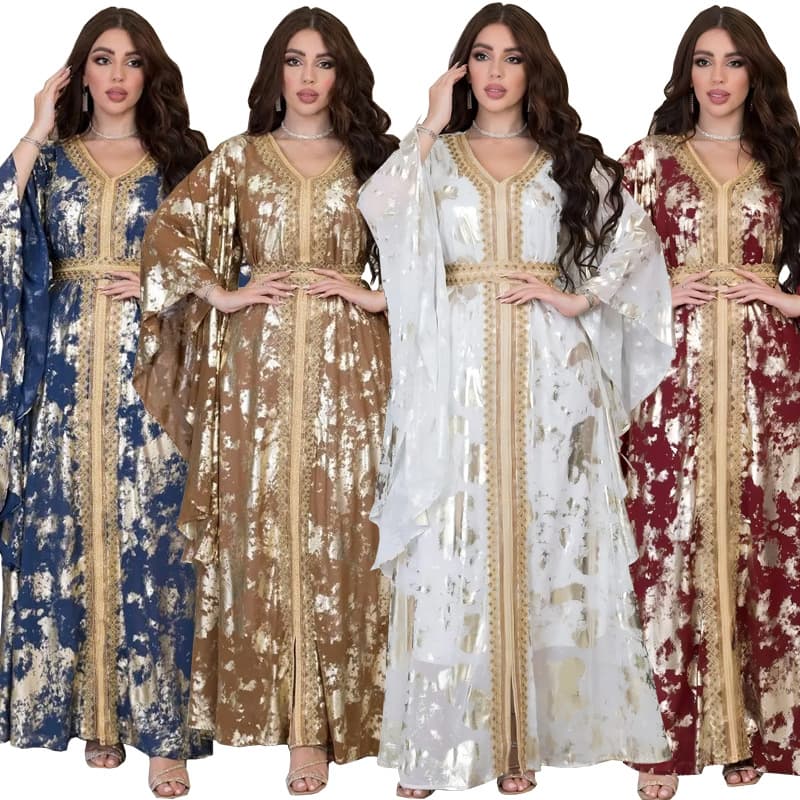 2023 Spring New Muslim Chiffon Long Dress With Belt AB286 Cross-Border Middle East Women's Top Gold-Stamped Robe