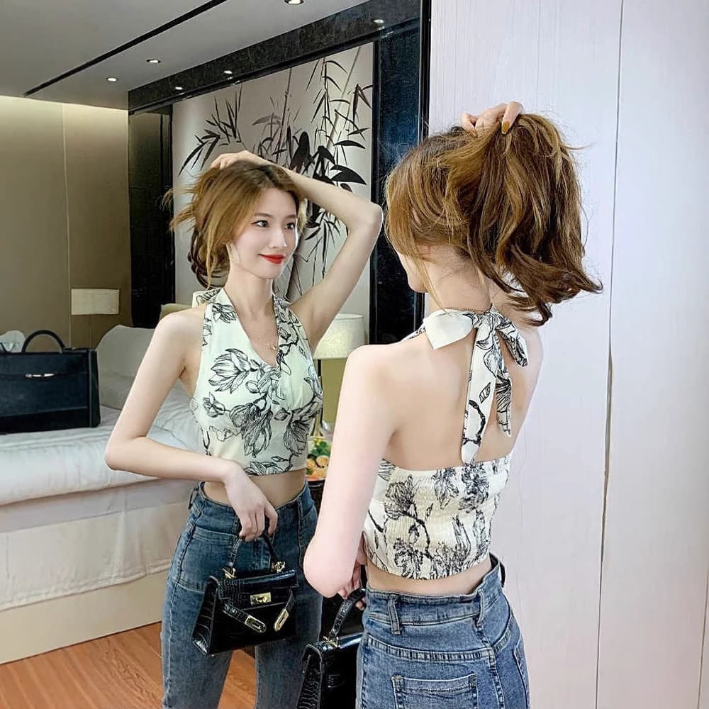 New Summer American Style Sweetheart Halter Floral Vest Sweet Design Sexy Backless Strappy Sleeveless Top for Women