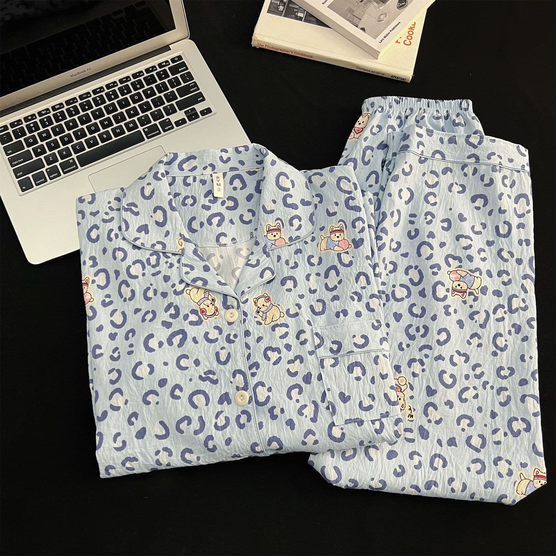 Plus Size Women's Pajama Set Spring Autumn Long Sleeve Long Pants Cute West Highland Blue Leopard Print Homewear Two-Piece Set