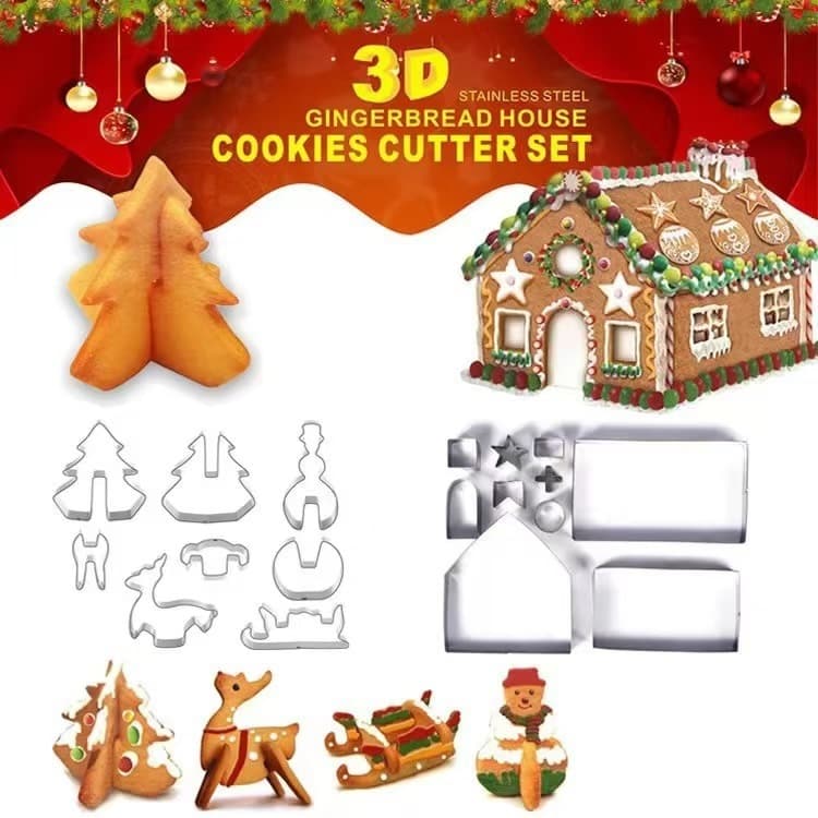 Christmas Baking Mold Set of 10 Pieces Stainless Steel 3D Christmas House Cookie Mold DIY Baking Tools Supply