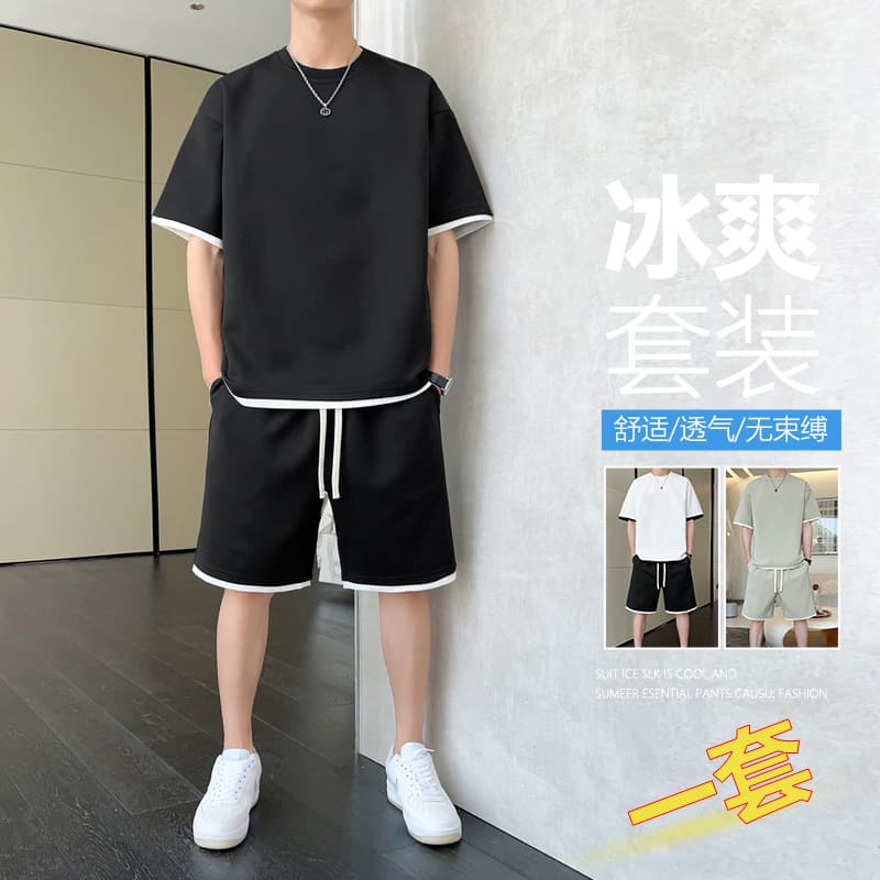 New Summer Hong Kong Style Round Neck Two-Piece Shorts Set Casual Sport Men's Casual Shorts Men's American Style Set