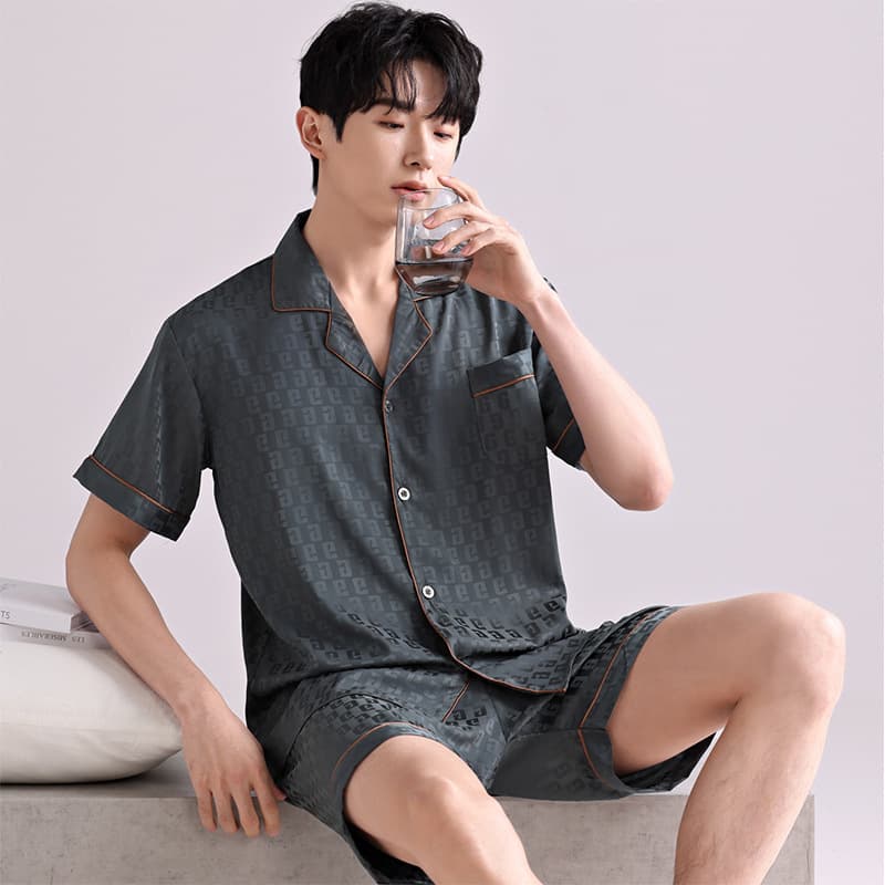 Men's Summer Ice Silk Short Sleeve Shorts Pajama Set, Silk-like Thin Homewear