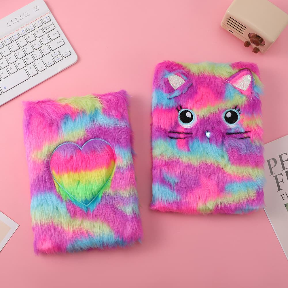 Cute plush kitten notebook, creative bright embroidered cartoon children's notepad, cute cat student plush notebook