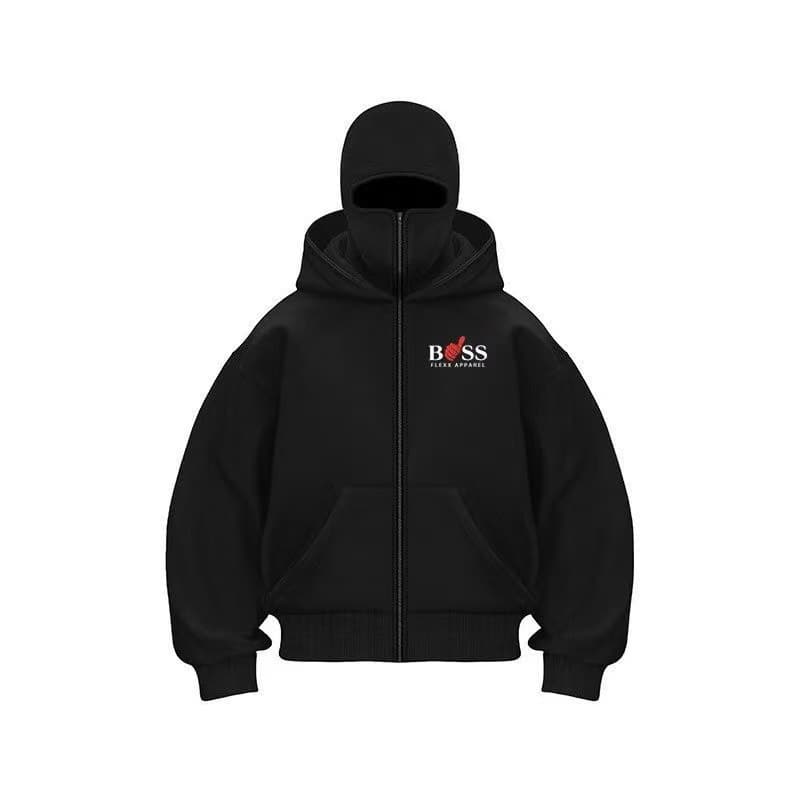 Double-Capped Double-Collar Bandit Mask Sweatshirt Men's American Retro Simple Handsome Street Style Trendy Velvet Jacket