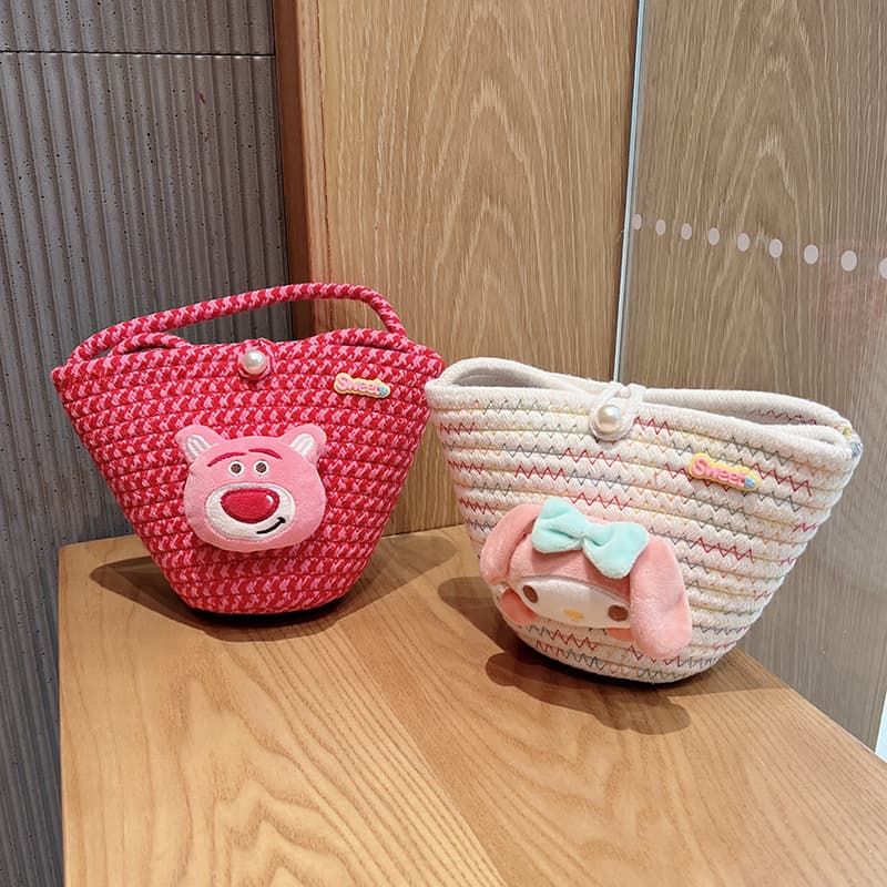 Cute Japanese-style cartoon handbag, children's cotton knitted crossbody bag, boys' and girls' beach bag, shoulder bag, new Korean style.