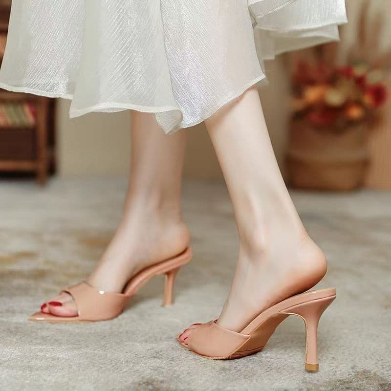 Women's Sandals 2025 Summer New Patent Color Thin Heel Pointed Toe Peep Toe High Heel Outdoor One-Band Slip-On