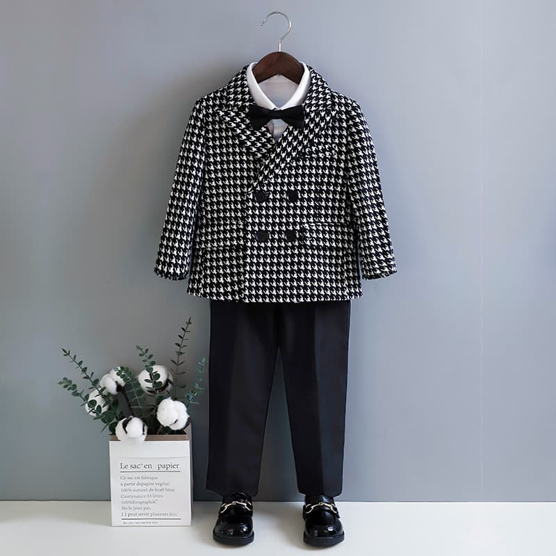 Children's Suit Set, Little Houndstooth Pattern, Wedding Flower Girl Dress, British-Style Baby First Birthday Dress, Piano Performance