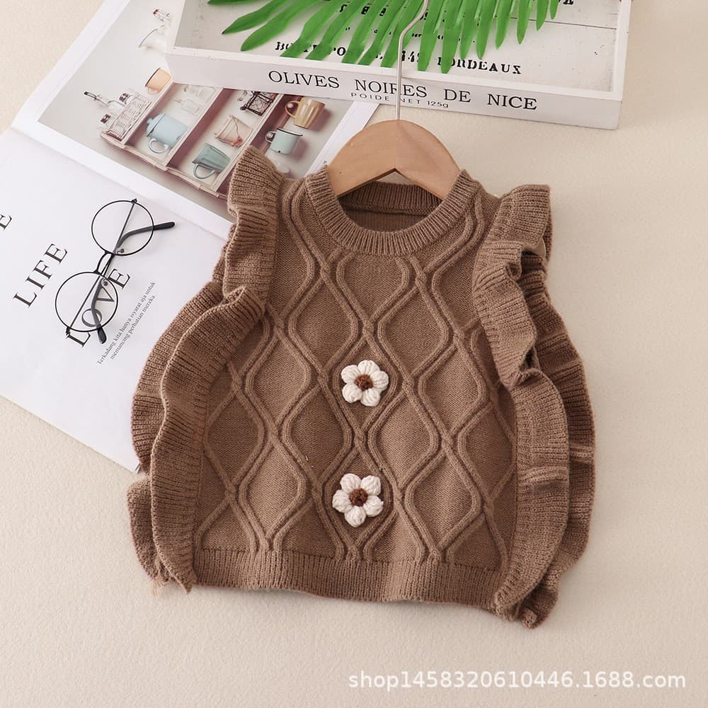 Girls Knitted Vest Spring Autumn Ruffle Flower Baby Sweater Sleeveless Cardigan Korean Style Cute Baby Coat