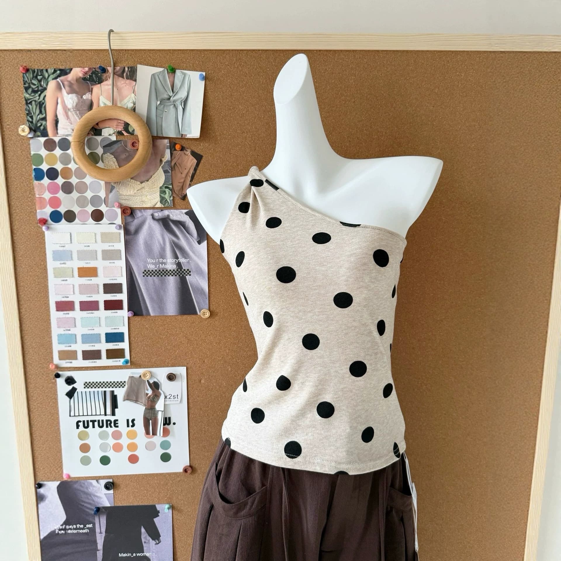 2026 Real Shot Polka Dot Knot Single Shoulder Vest Tencel Blend Off-Shoulder Summer Top