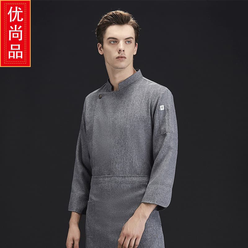 Linen Chef Work Clothes Gray Long Sleeve Autumn Winter Men's Style Hotel Dining Canteen Kitchen Chef Uniform