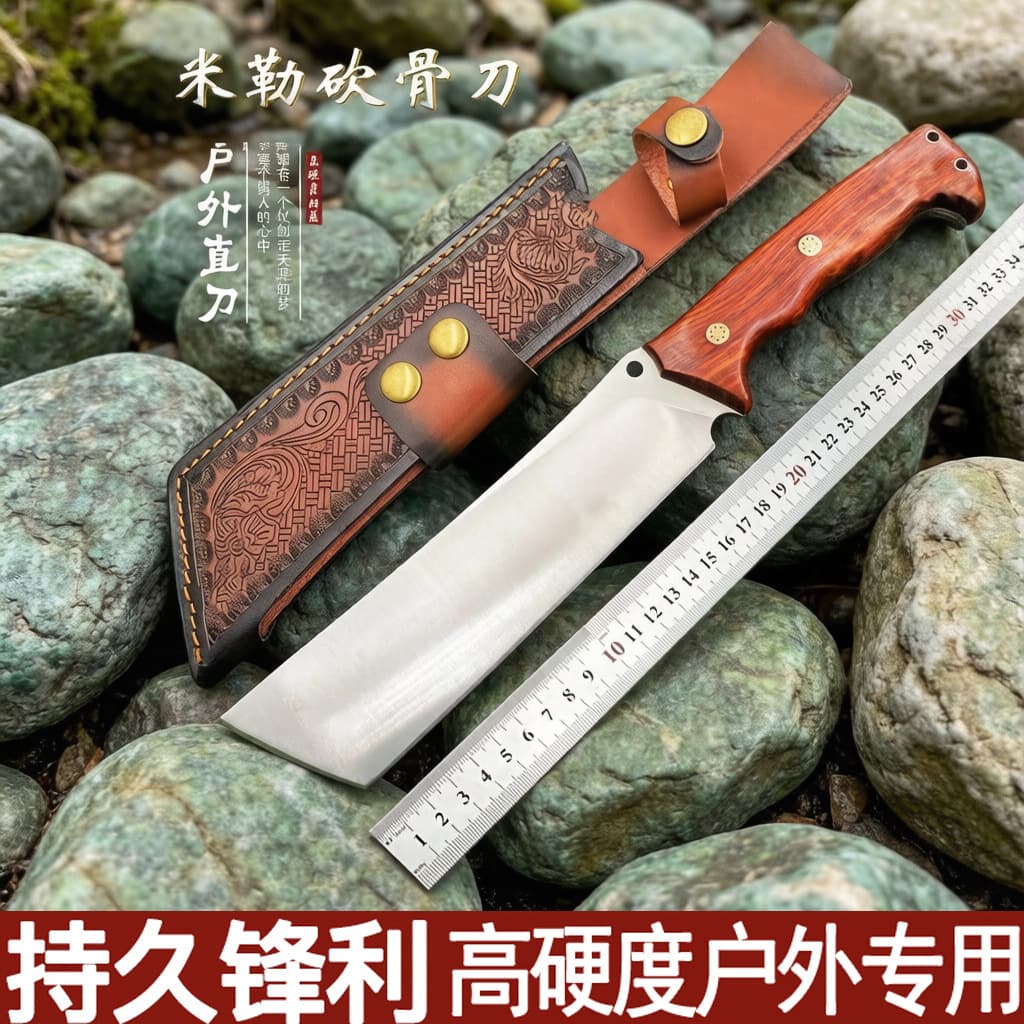 Wide and Thick Stainless Steel Large Hunting Knife, High-Density Ebony Solid Wood Handle, Hand-Stitched Genuine Leather Sheath